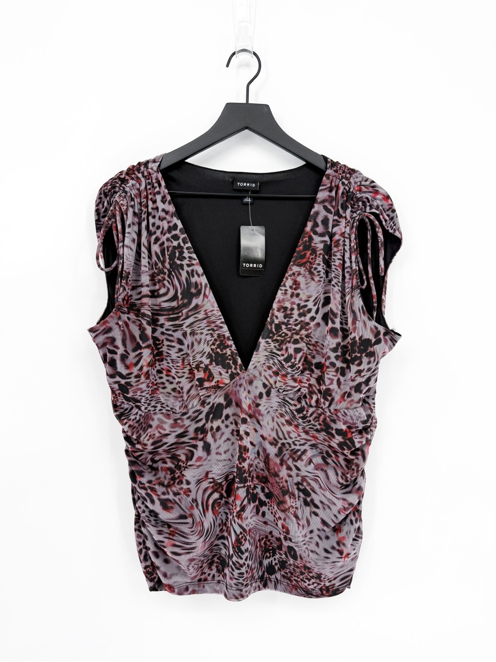 NWT Torrid Mesh V-Neck Ruched Top Leopard In Motion Grey 2X